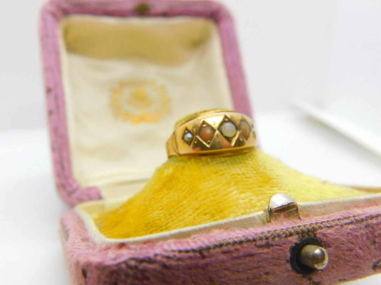 Victorian 15ct Yellow Gold, Seed Pearl & Coral Boat Ring 1886 Chester Antique