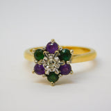 18ct Gold, Emerald, Amethyst & Diamond Suffragette Cluster Ring Vintage London