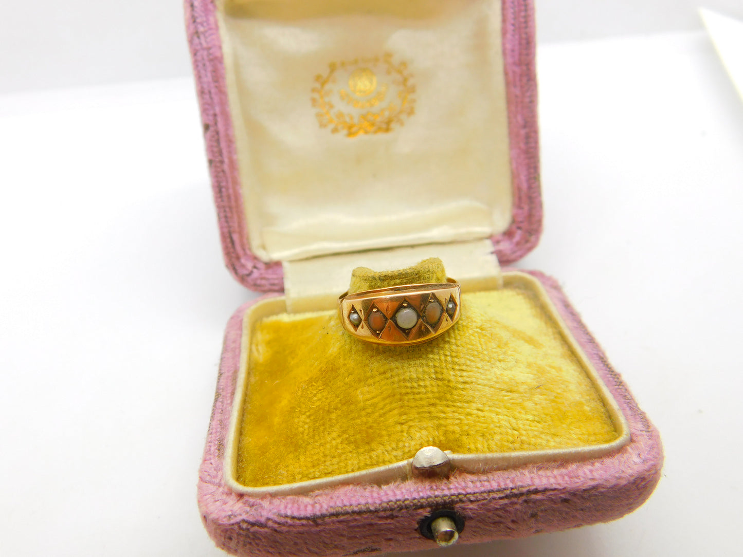 Victorian 15ct Yellow Gold, Seed Pearl & Coral Boat Ring 1886 Chester Antique