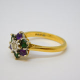 18ct Gold, Emerald, Amethyst & Diamond Suffragette Cluster Ring Vintage London
