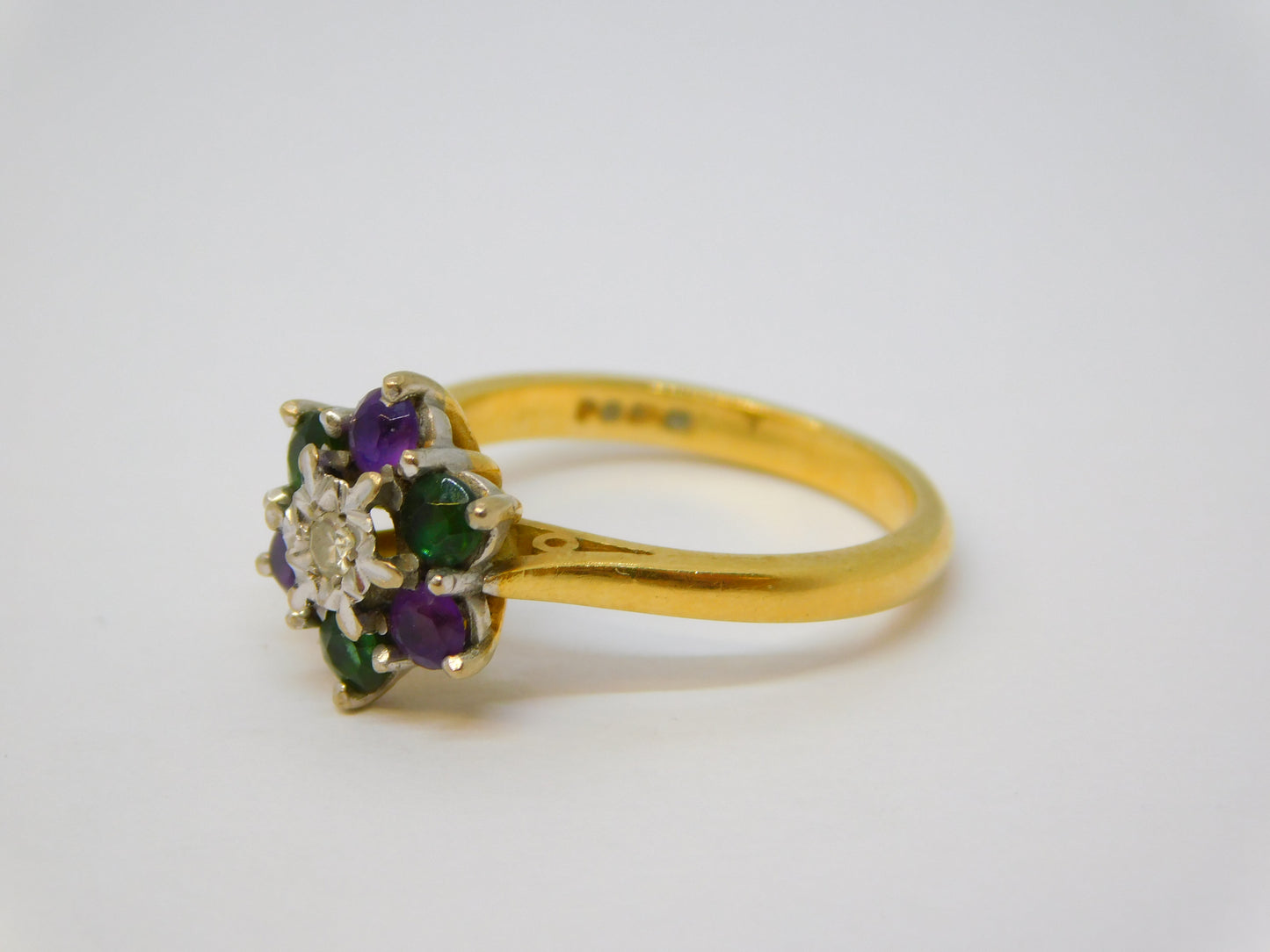 18ct Gold, Emerald, Amethyst & Diamond Suffragette Cluster Ring Vintage London