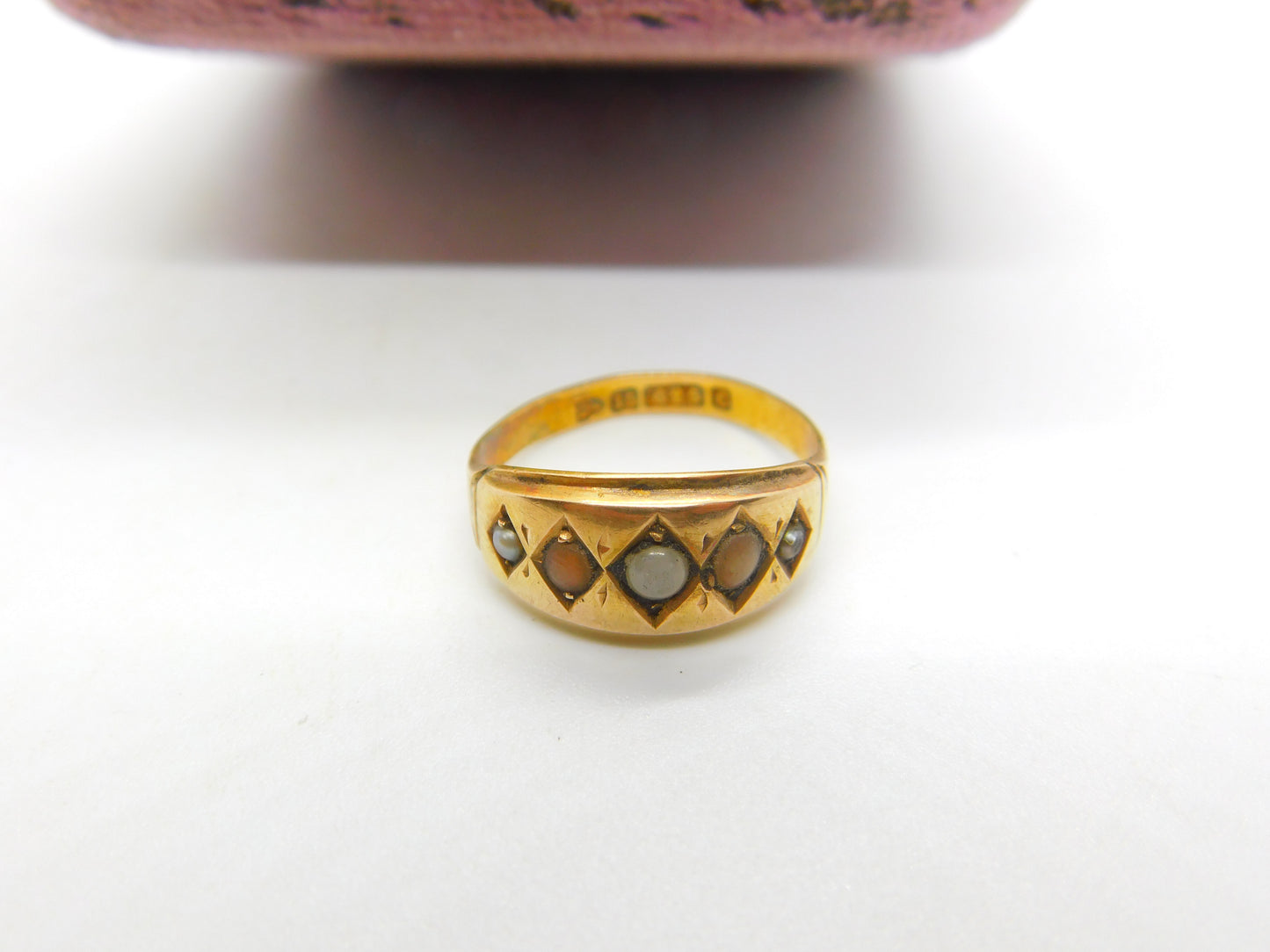 Victorian 15ct Yellow Gold, Seed Pearl & Coral Boat Ring 1886 Chester Antique