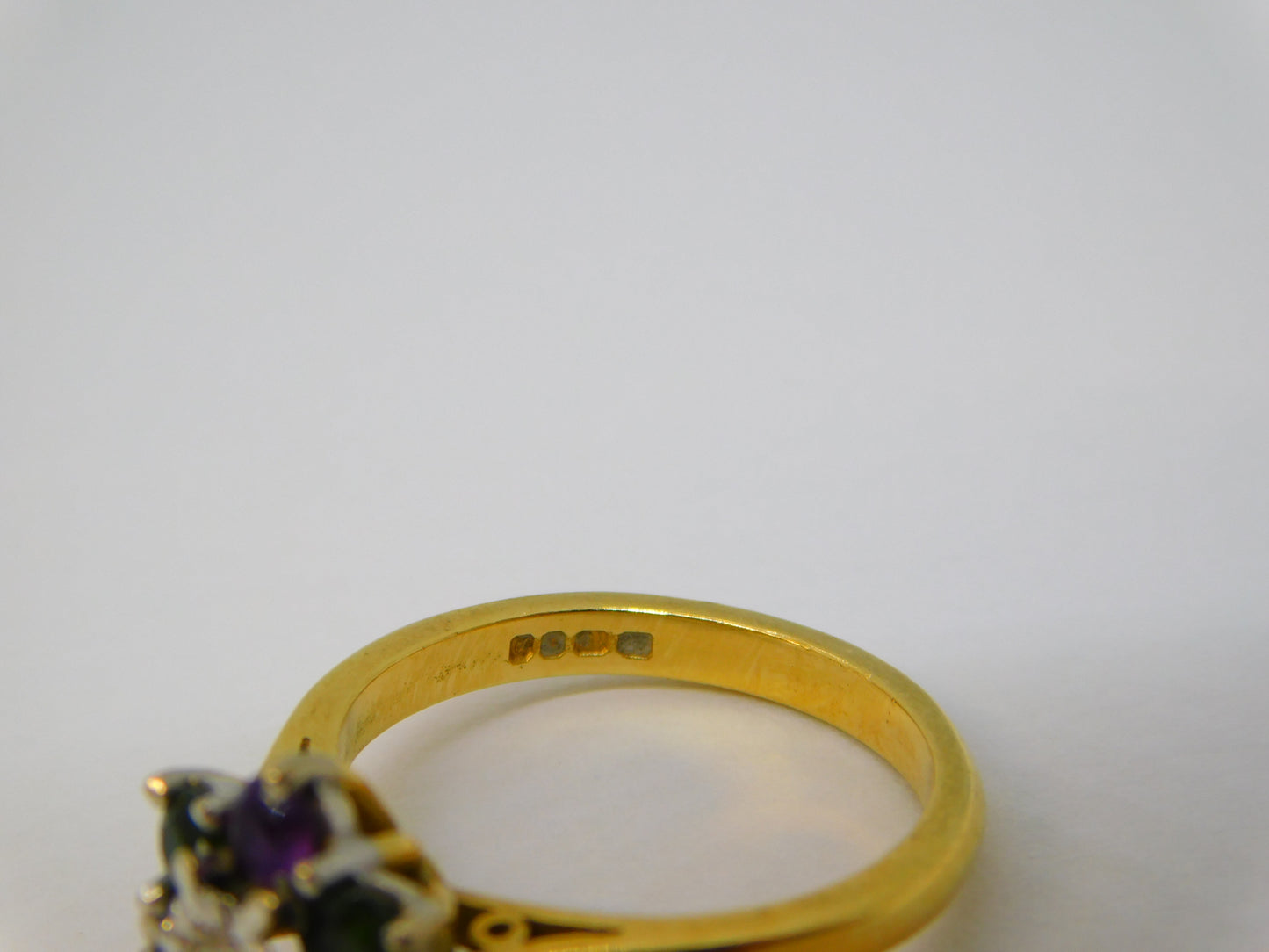 18ct Gold, Emerald, Amethyst & Diamond Suffragette Cluster Ring Vintage London
