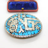 Mexican Sterling Silver, Turquoise & Onyx Taxco Belt Buckle Vintage c1960