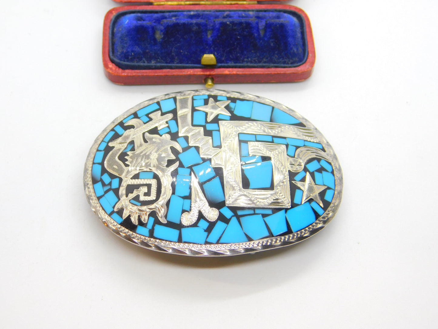 Mexican Sterling Silver, Turquoise & Onyx Taxco Belt Buckle Vintage c1960