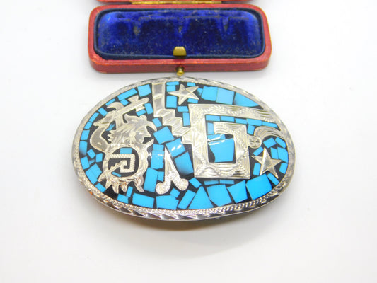 Mexican Sterling Silver, Turquoise & Onyx Taxco Belt Buckle Vintage c1960