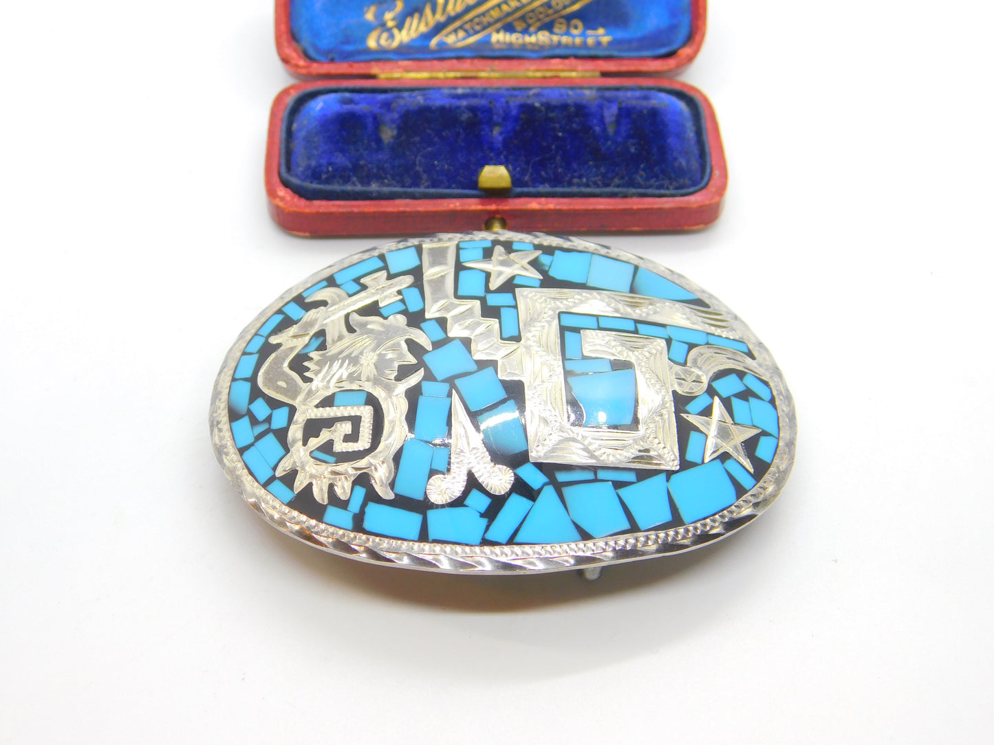 Mexican Sterling Silver, Turquoise & Onyx Taxco Belt Buckle Vintage c1960