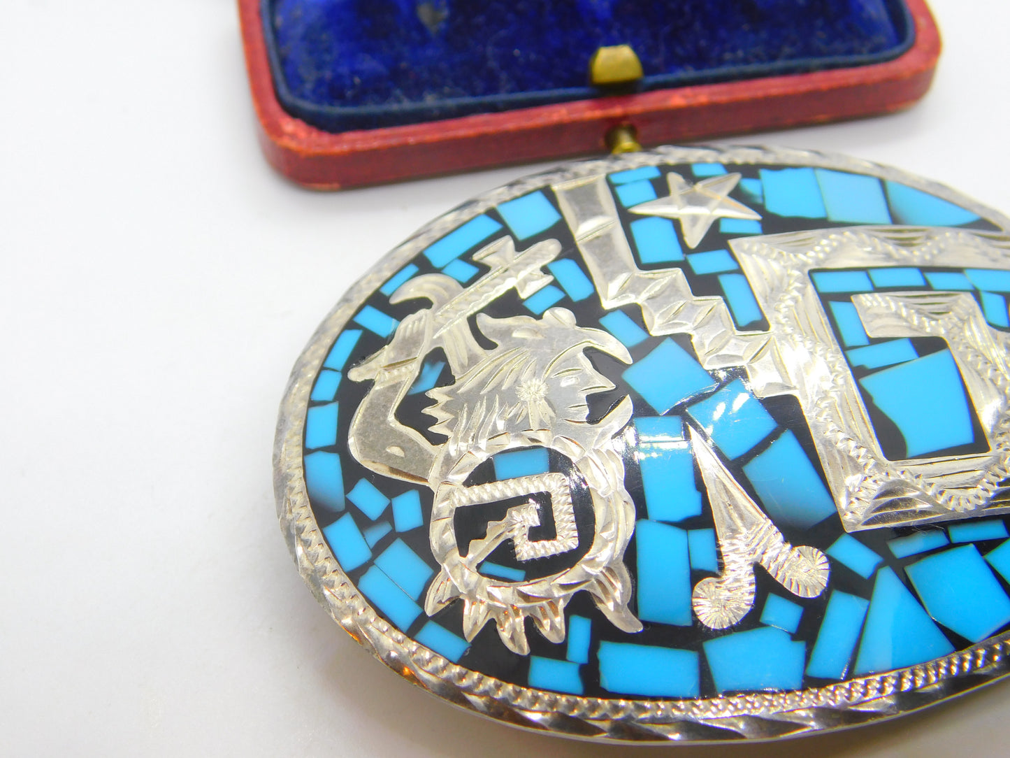 Mexican Sterling Silver, Turquoise & Onyx Taxco Belt Buckle Vintage c1960