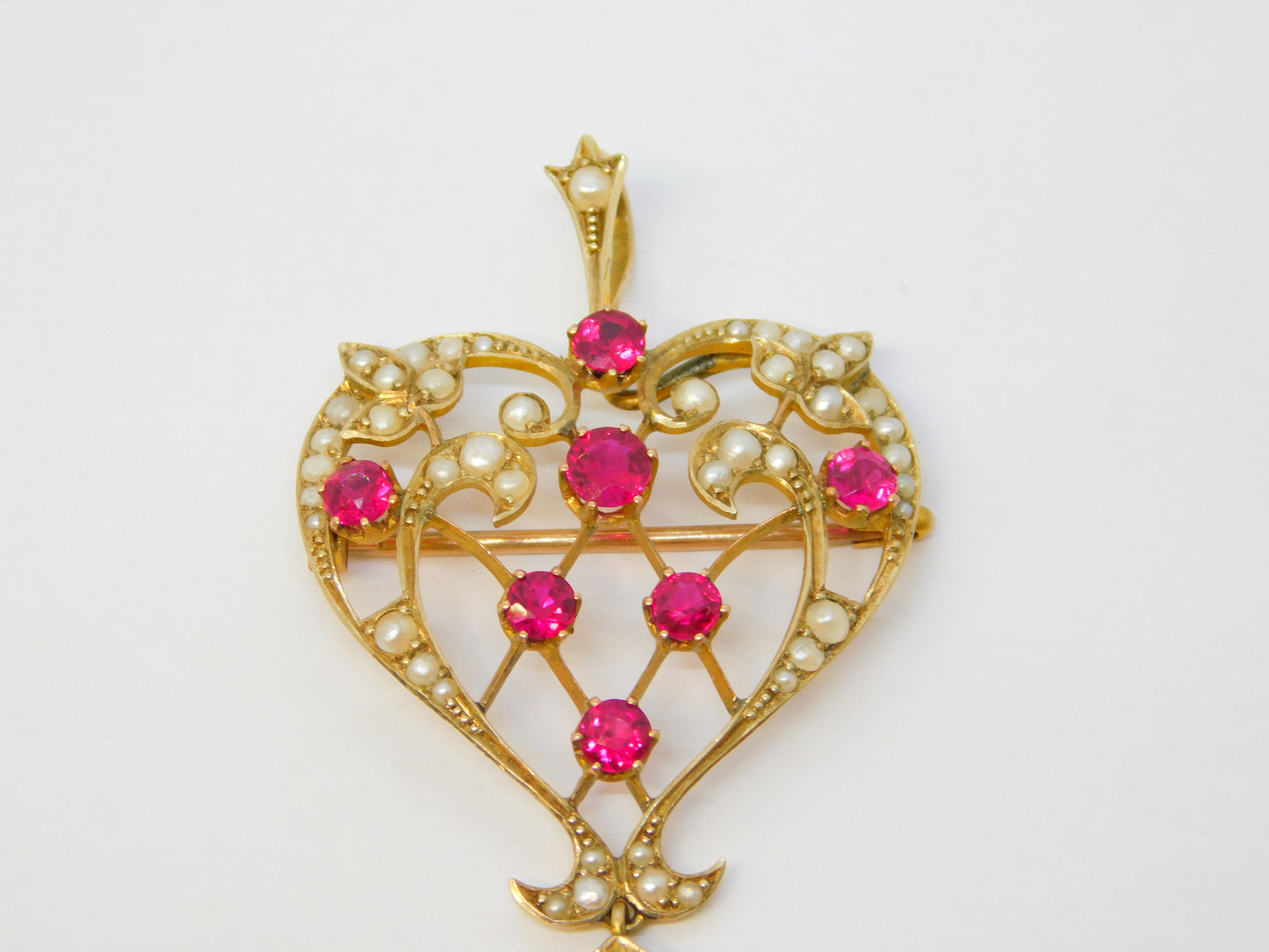 Victorian 15ct Yellow Gold, Red Paste & Seed Pearl Lavalier Drop Pendant Antique