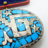 Mexican Sterling Silver, Turquoise & Onyx Taxco Belt Buckle Vintage c1960