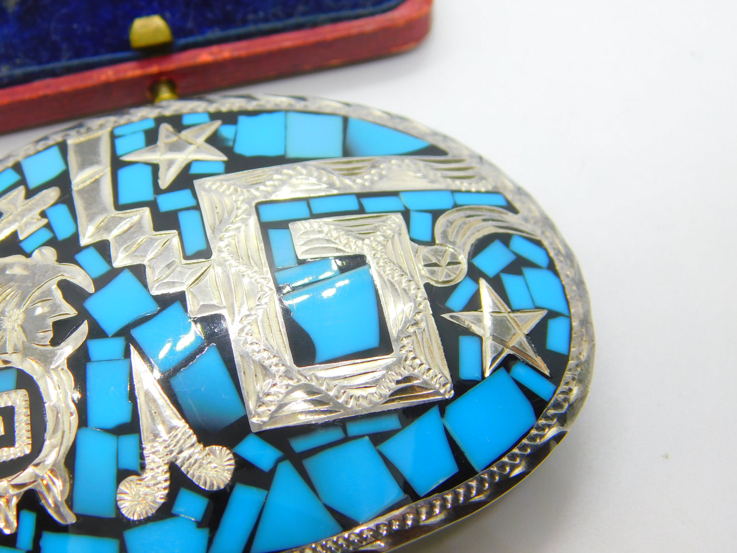 Mexican Sterling Silver, Turquoise & Onyx Taxco Belt Buckle Vintage c1960