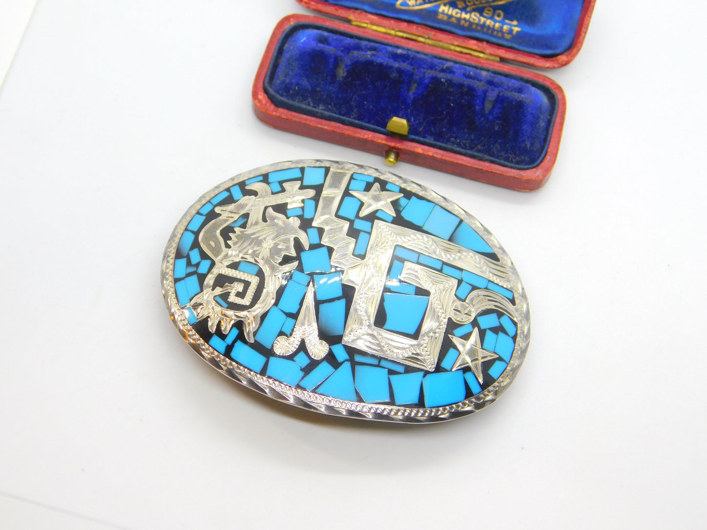 Mexican Sterling Silver, Turquoise & Onyx Taxco Belt Buckle Vintage c1960