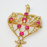 Victorian 15ct Yellow Gold, Red Paste & Seed Pearl Lavalier Drop Pendant Antique