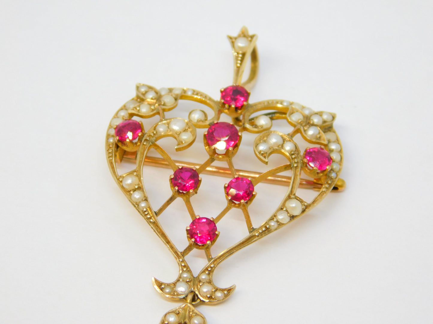 Victorian 15ct Yellow Gold, Red Paste & Seed Pearl Lavalier Drop Pendant Antique
