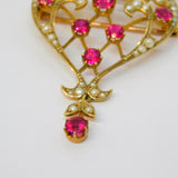 Victorian 15ct Yellow Gold, Red Paste & Seed Pearl Lavalier Drop Pendant Antique