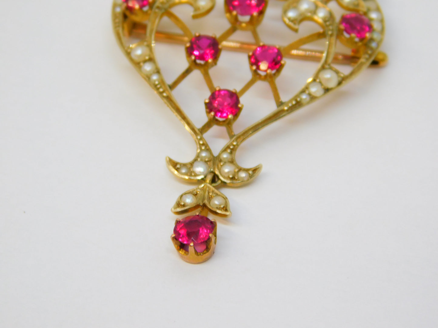 Victorian 15ct Yellow Gold, Red Paste & Seed Pearl Lavalier Drop Pendant Antique