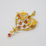 Victorian 15ct Yellow Gold, Red Paste & Seed Pearl Lavalier Drop Pendant Antique