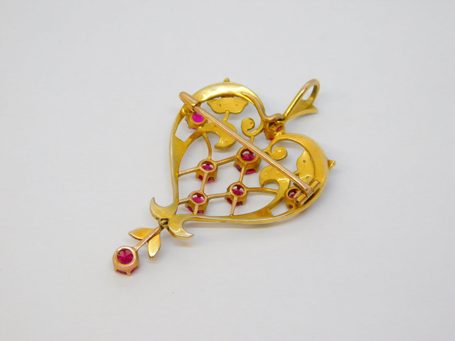 Victorian 15ct Yellow Gold, Red Paste & Seed Pearl Lavalier Drop Pendant Antique
