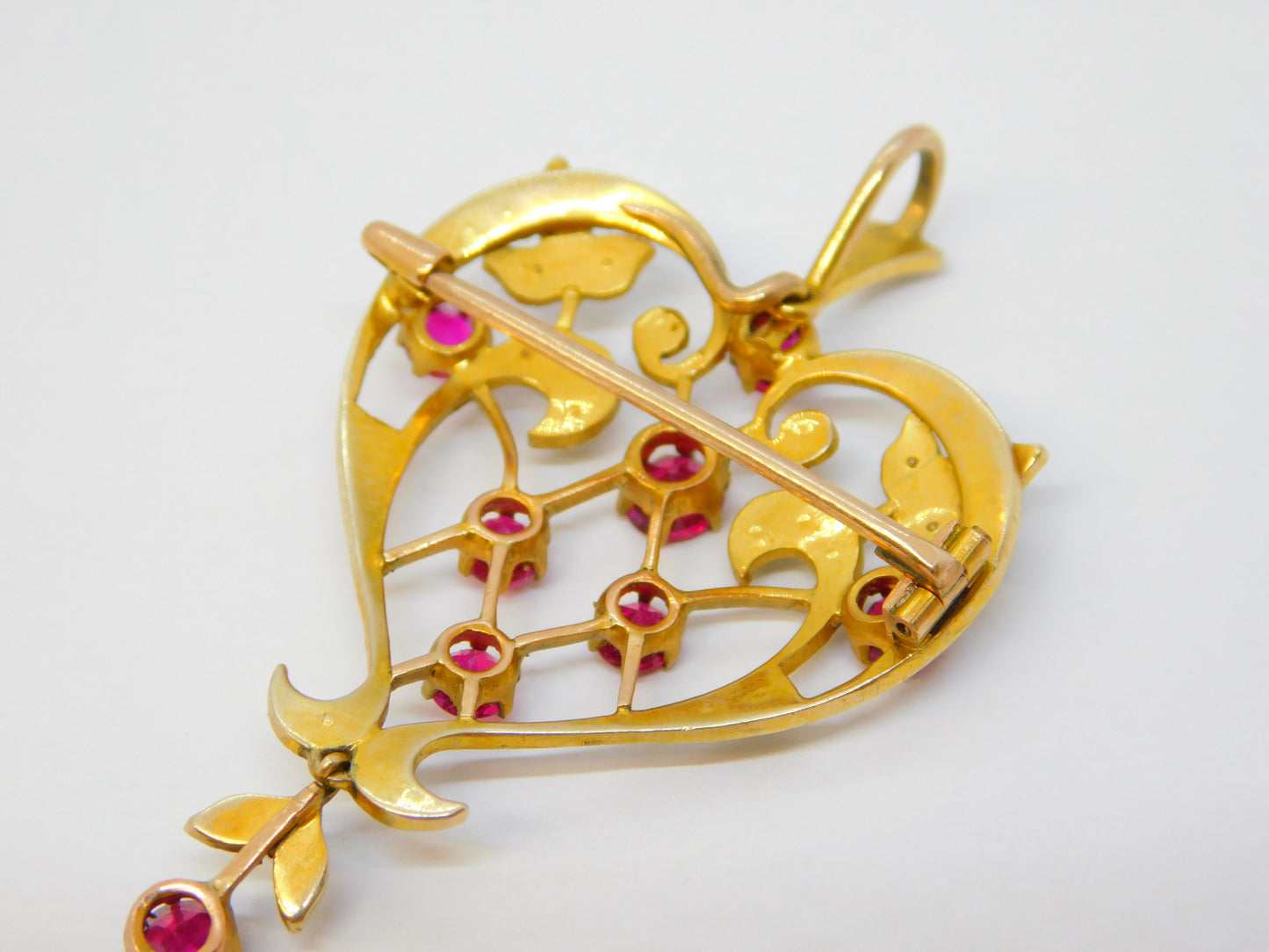 Victorian 15ct Yellow Gold, Red Paste & Seed Pearl Lavalier Drop Pendant Antique