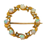 Edwardian 9ct Yellow Gold, Water Opal & Seed Pearl Wreath Brooch Antique