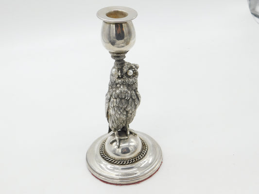 Victorian Silver Plated Owl & Snake Form Candlestick Antique c1890 Pearl Eyes