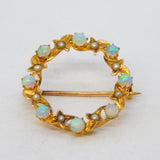 Edwardian 9ct Yellow Gold, Water Opal & Seed Pearl Wreath Brooch Antique