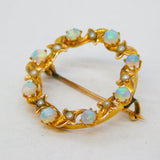 Edwardian 9ct Yellow Gold, Water Opal & Seed Pearl Wreath Brooch Antique