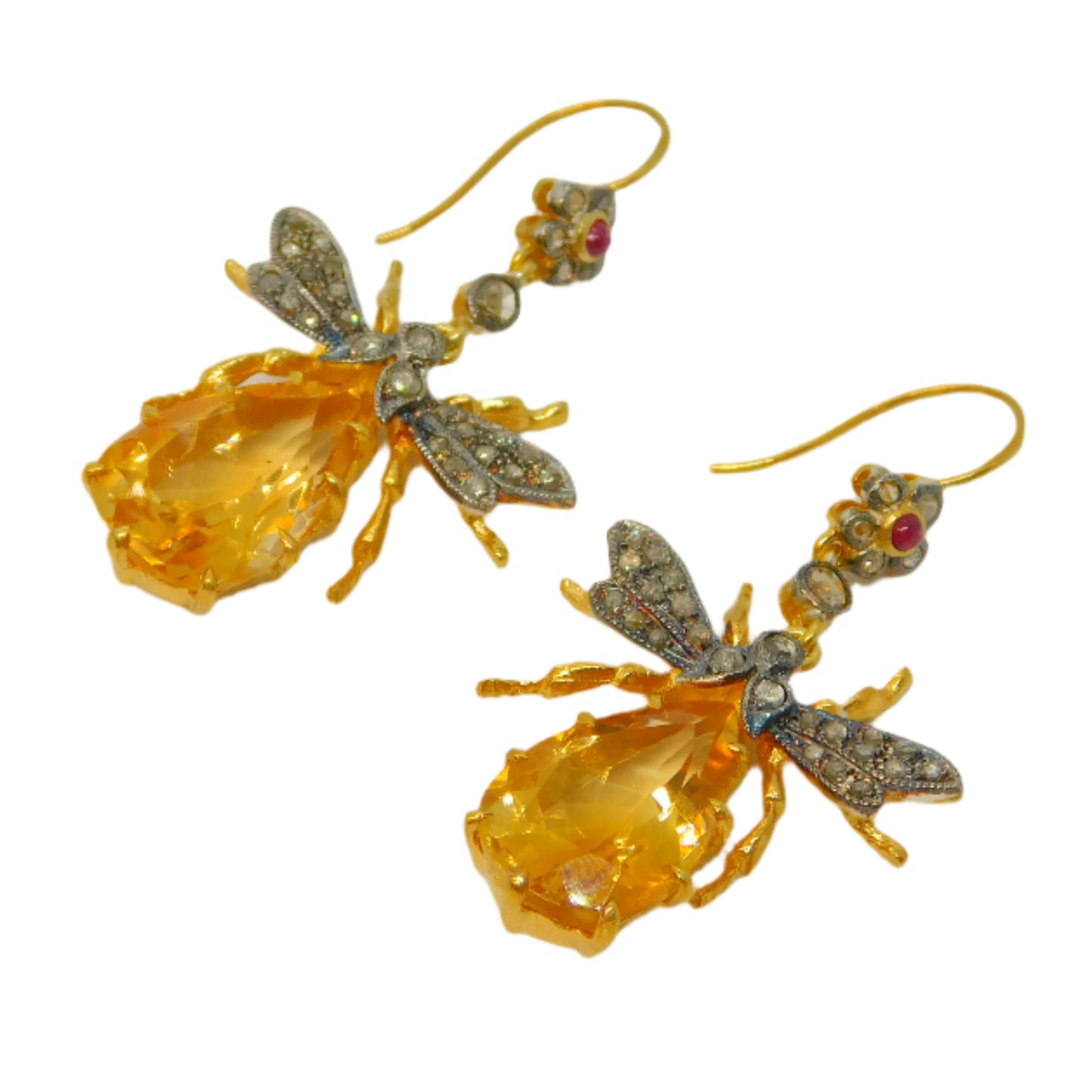 9ct Gold, Silver, Ruby, Diamond & Citrine Set Insect Bug Hook Earrings Vintage