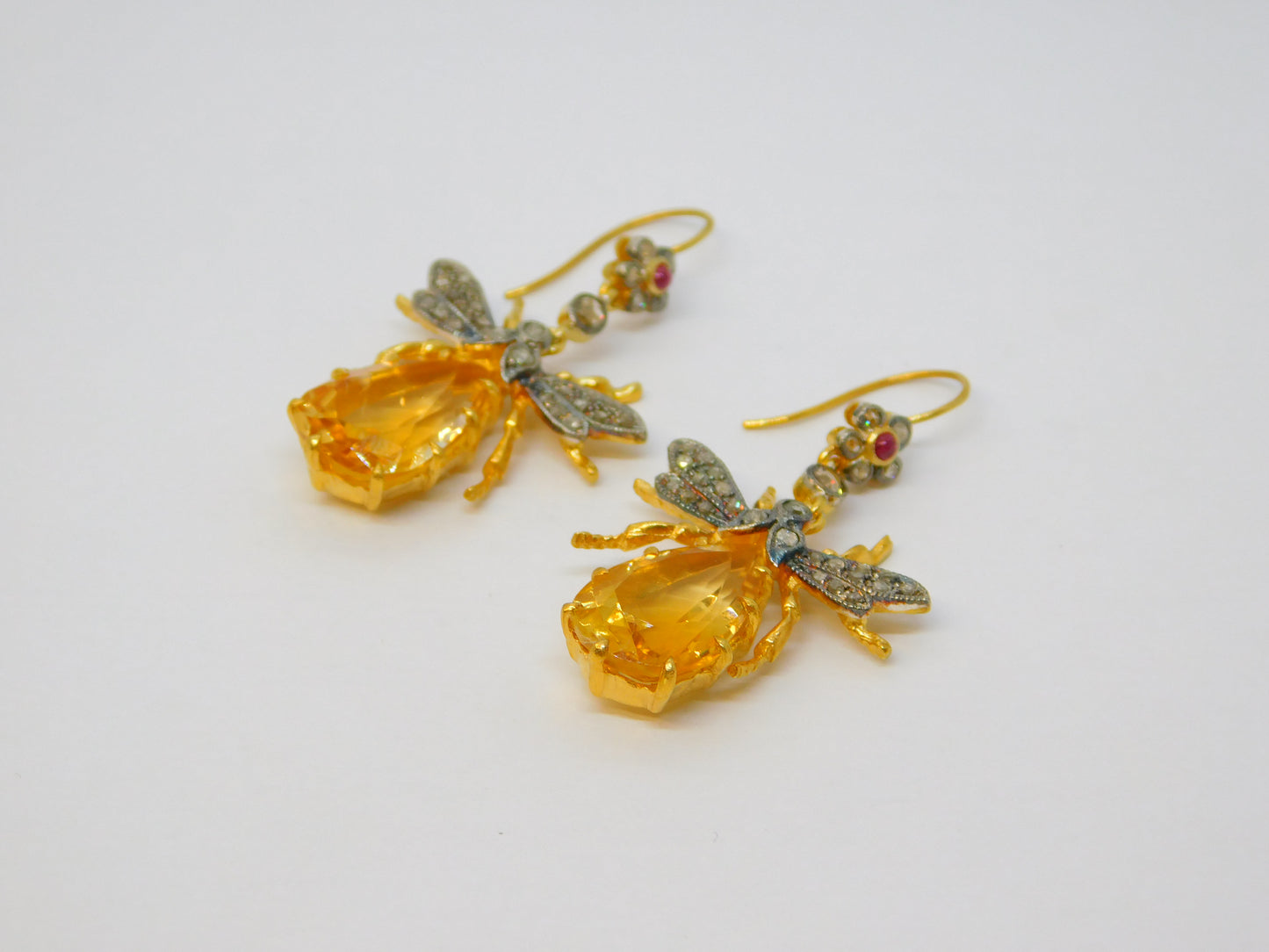 9ct Gold, Silver, Ruby, Diamond & Citrine Set Insect Bug Hook Earrings Vintage