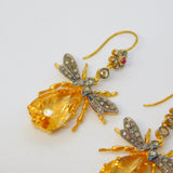 9ct Gold, Silver, Ruby, Diamond & Citrine Set Insect Bug Hook Earrings Vintage