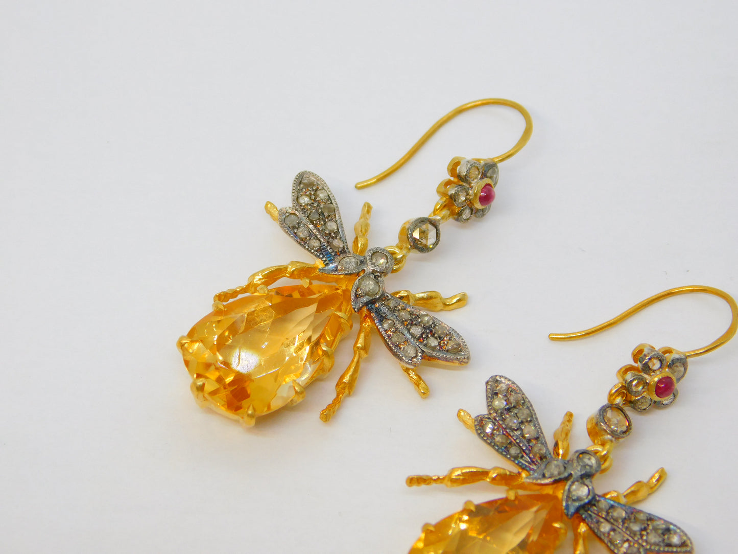 9ct Gold, Silver, Ruby, Diamond & Citrine Set Insect Bug Hook Earrings Vintage