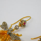 9ct Gold, Silver, Ruby, Diamond & Citrine Set Insect Bug Hook Earrings Vintage