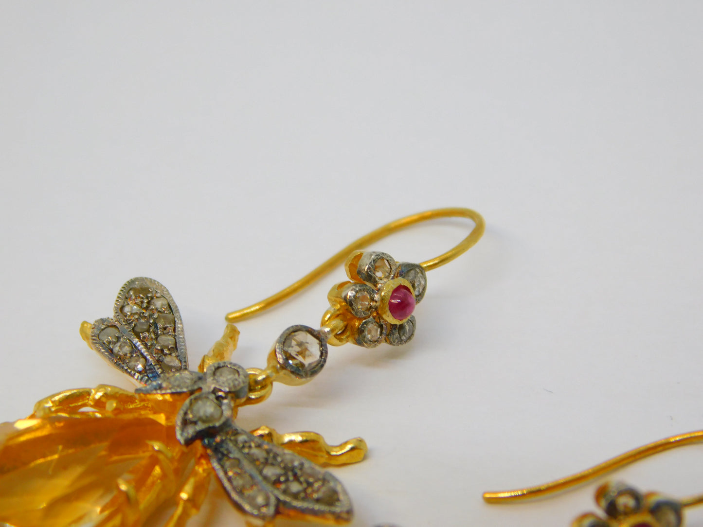 9ct Gold, Silver, Ruby, Diamond & Citrine Set Insect Bug Hook Earrings Vintage