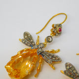 9ct Gold, Silver, Ruby, Diamond & Citrine Set Insect Bug Hook Earrings Vintage