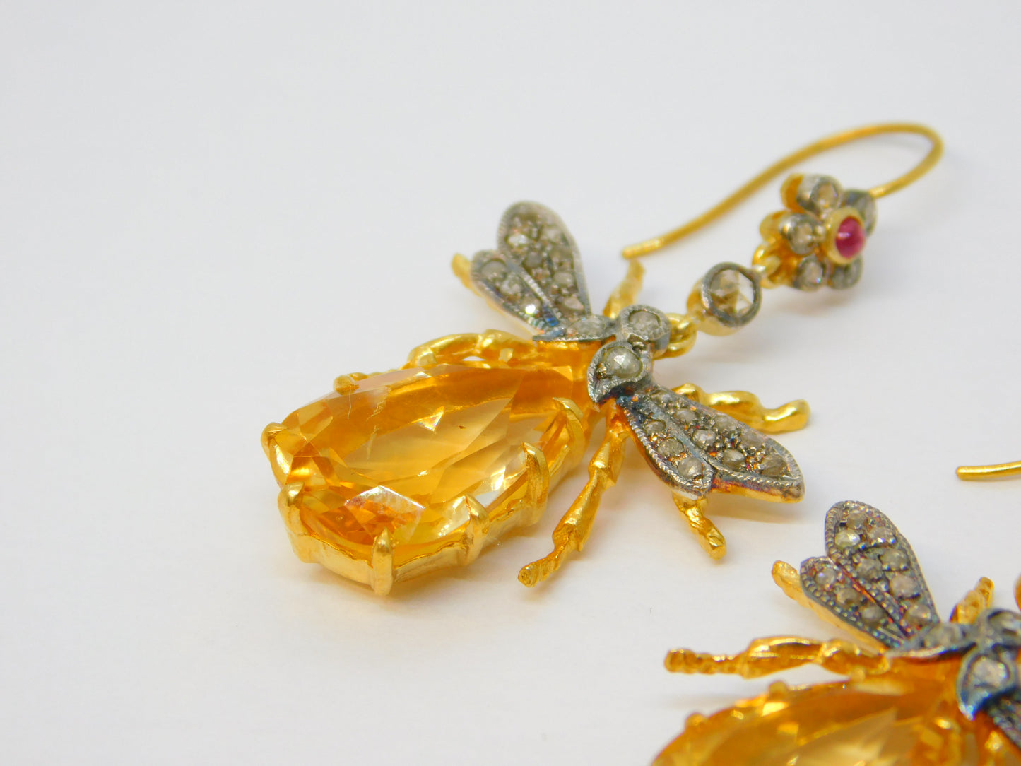 9ct Gold, Silver, Ruby, Diamond & Citrine Set Insect Bug Hook Earrings Vintage