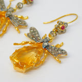 9ct Gold, Silver, Ruby, Diamond & Citrine Set Insect Bug Hook Earrings Vintage