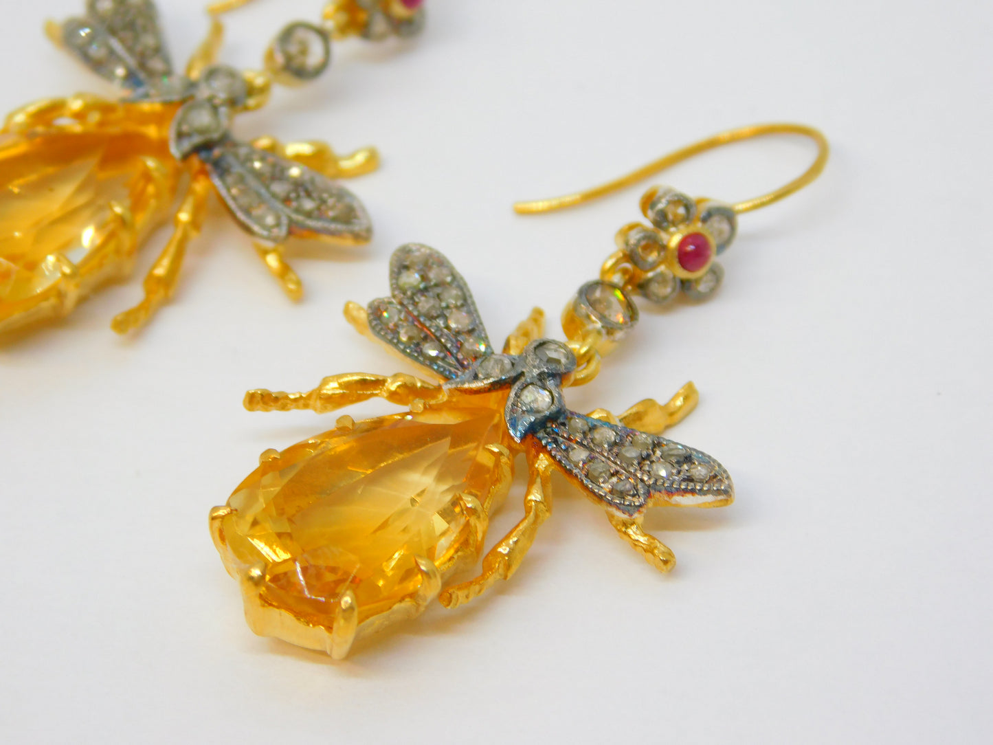 9ct Gold, Silver, Ruby, Diamond & Citrine Set Insect Bug Hook Earrings Vintage