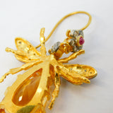 9ct Gold, Silver, Ruby, Diamond & Citrine Set Insect Bug Hook Earrings Vintage
