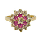 9ct Yellow Gold, Ruby & Diamond Floral Cluster Ring Vintage 1985 London