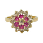 9ct Yellow Gold, Ruby & Diamond Floral Cluster Ring Vintage 1985 London