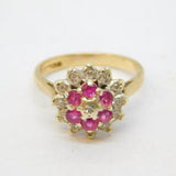 9ct Yellow Gold, Ruby & Diamond Floral Cluster Ring Vintage 1985 London