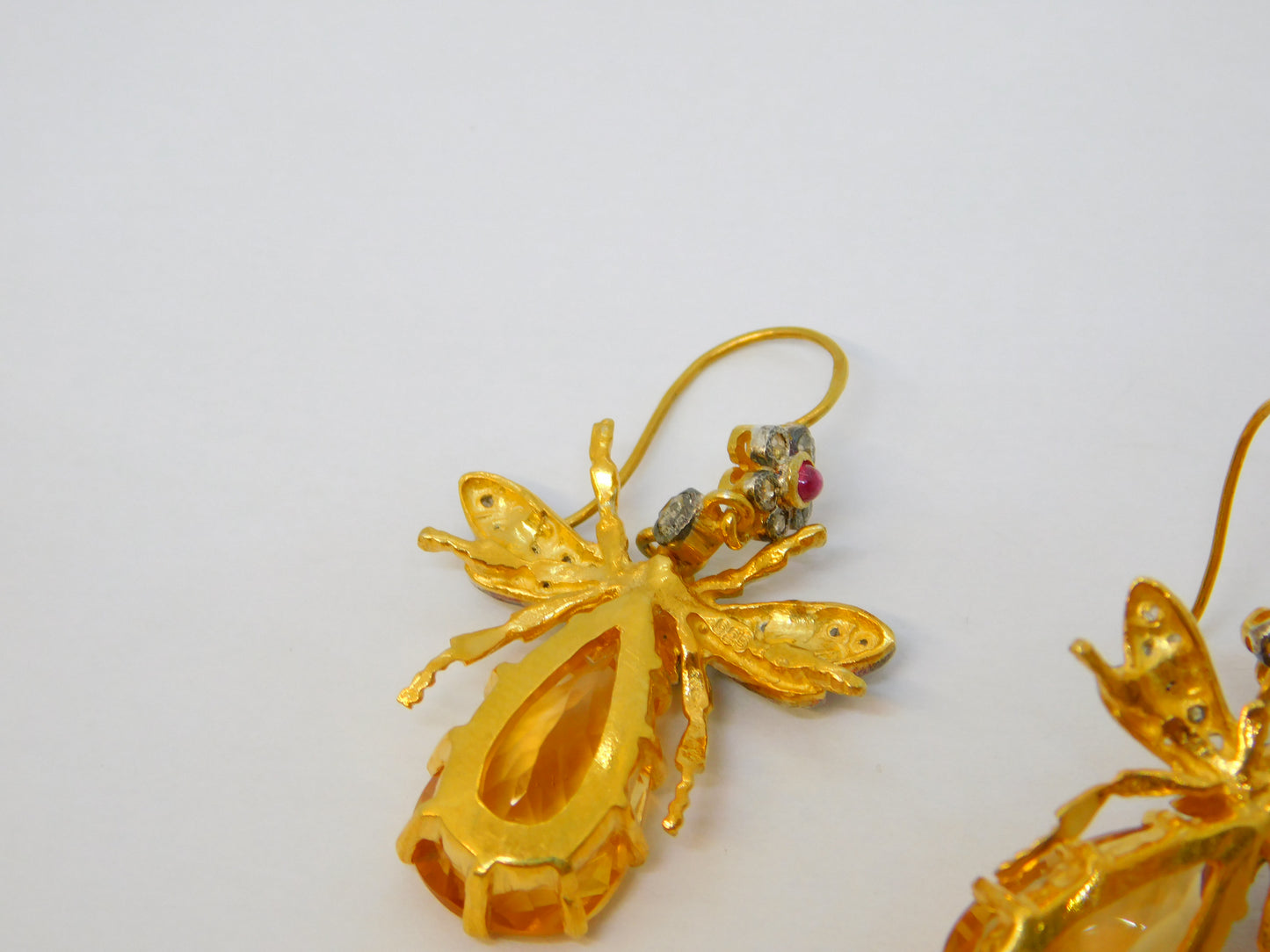 9ct Gold, Silver, Ruby, Diamond & Citrine Set Insect Bug Hook Earrings Vintage