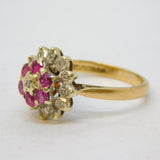 9ct Yellow Gold, Ruby & Diamond Floral Cluster Ring Vintage 1985 London