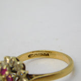 9ct Yellow Gold, Ruby & Diamond Floral Cluster Ring Vintage 1985 London