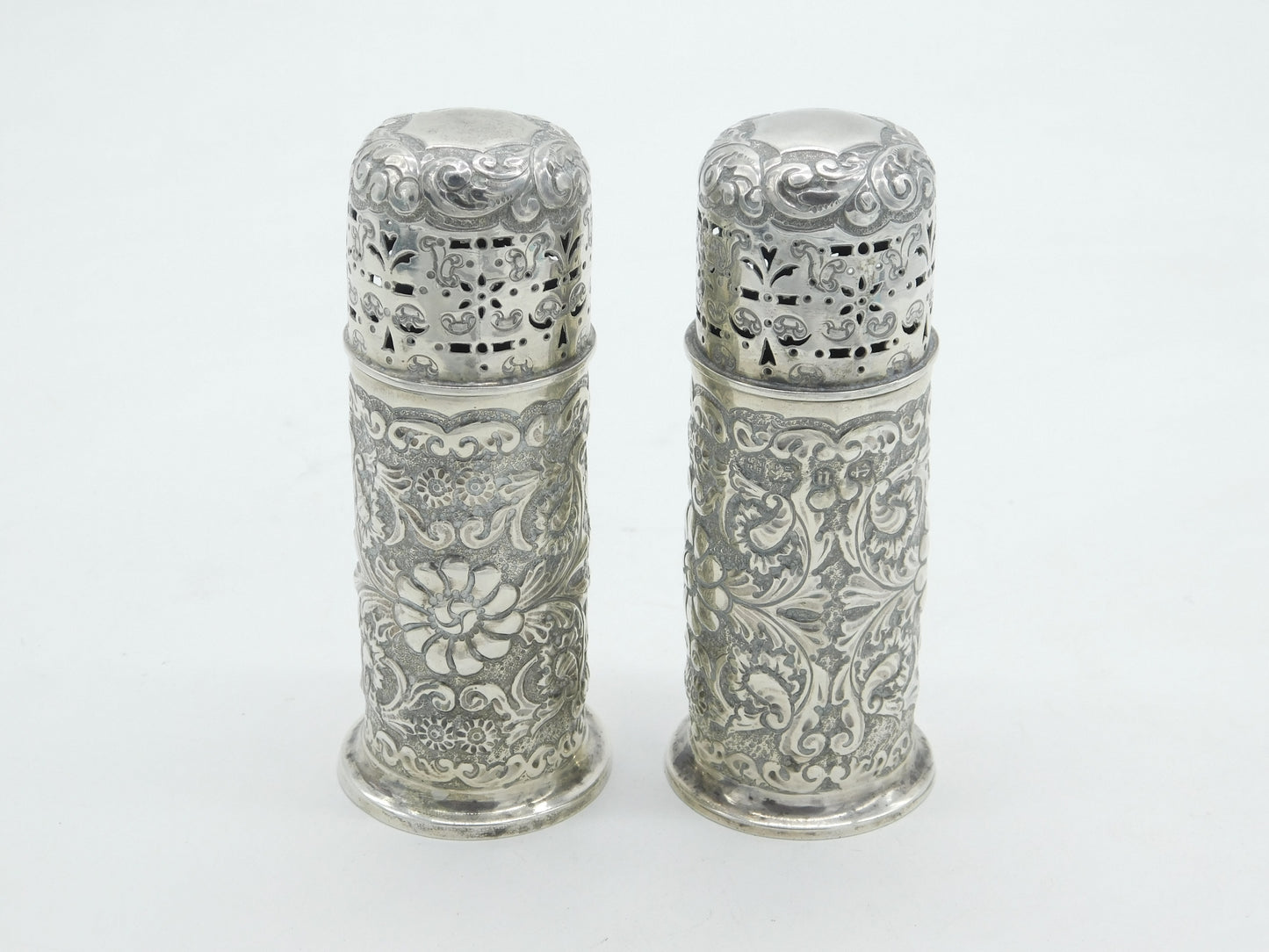 Victorian Pair of Sterling Silver Floral Pattern Sugar Casters Antique 1887 Birmingham