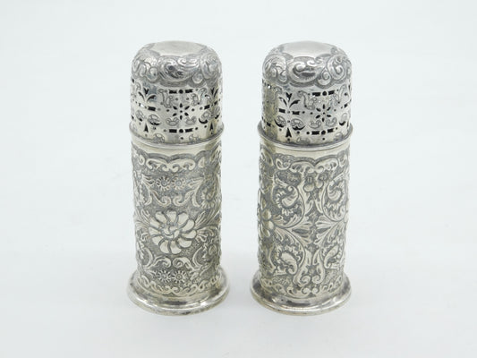 Victorian Pair of Sterling Silver Floral Pattern Sugar Casters Antique 1887 Birmingham