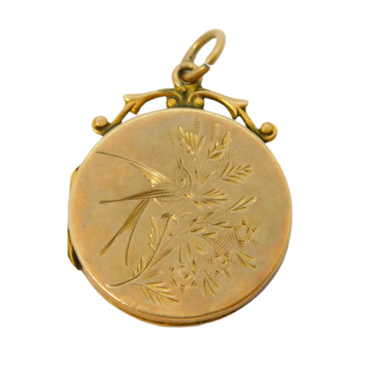 Victorian 9ct Gold Back & Front Aesthetic Swallow Locket Pendant Antique c1880