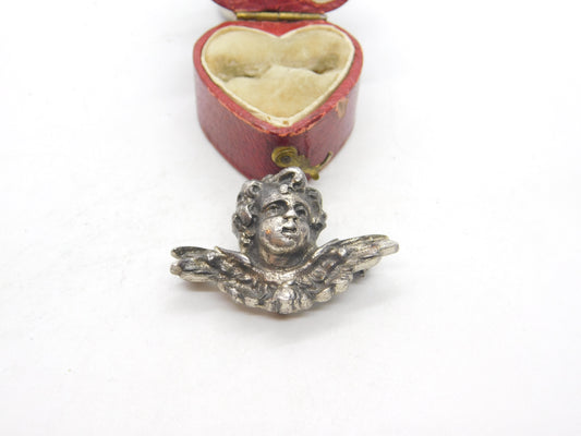 Victorian Sterling Silver Winged Cherub Sweetheart Brooch Antique c1860