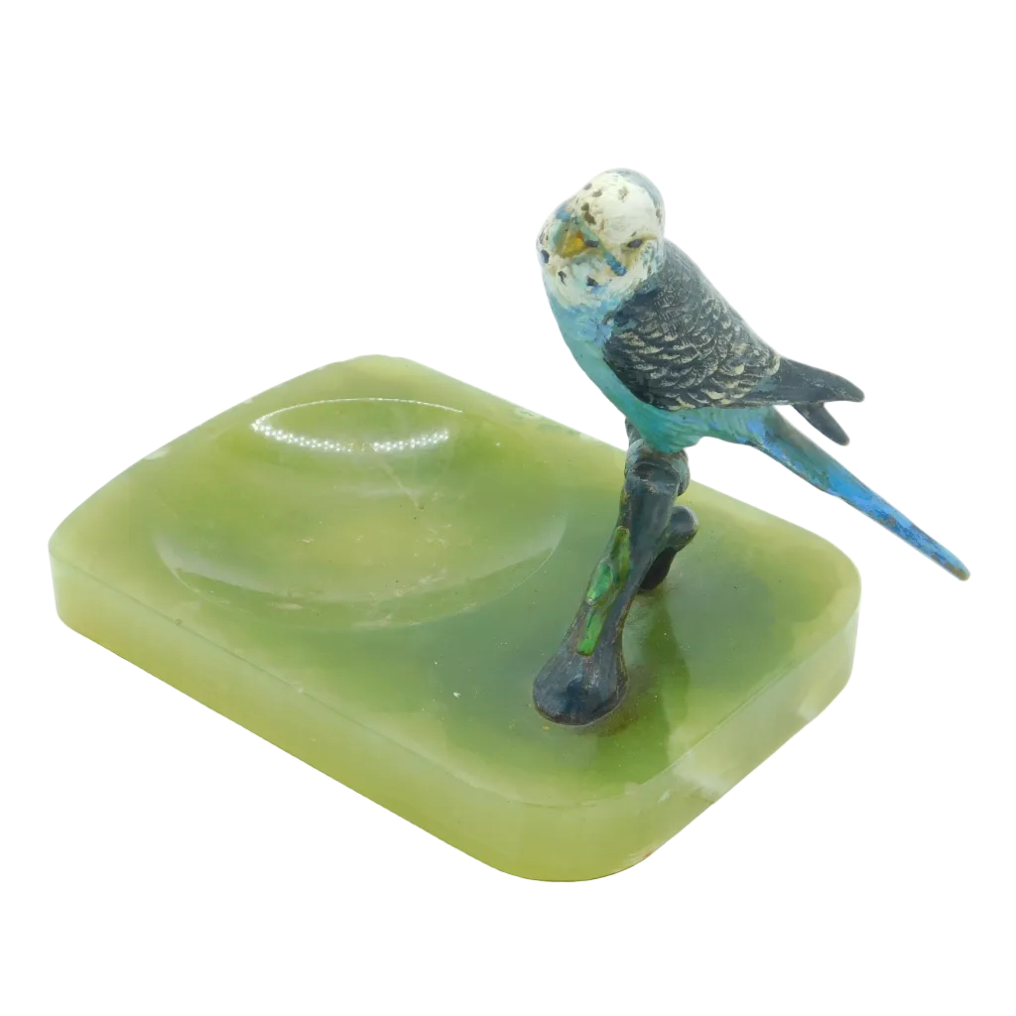 Antique Victorian cold painted vienna bronze ashtray with a budgie design on a green onyx base.