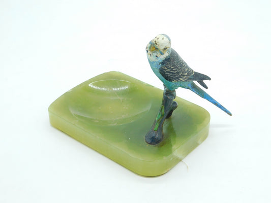 Victorian Cold Painted Vienna Bronze Budgie on Green Onyx Ashtray Antique c1860